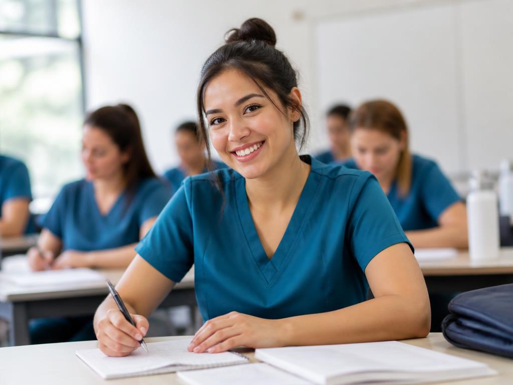 Nursing student taking notes in class at State Career College