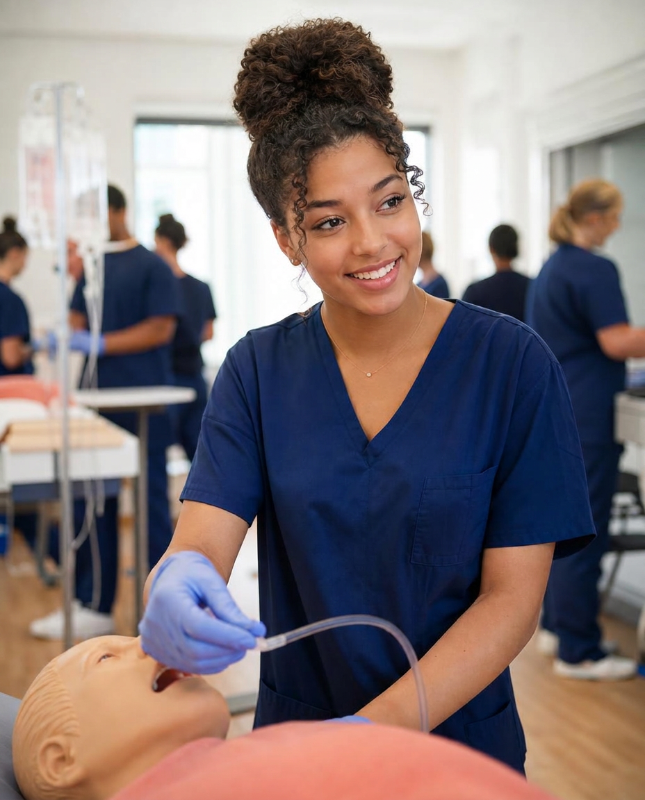 State Career College nursing student practicing in a healthcare training lab