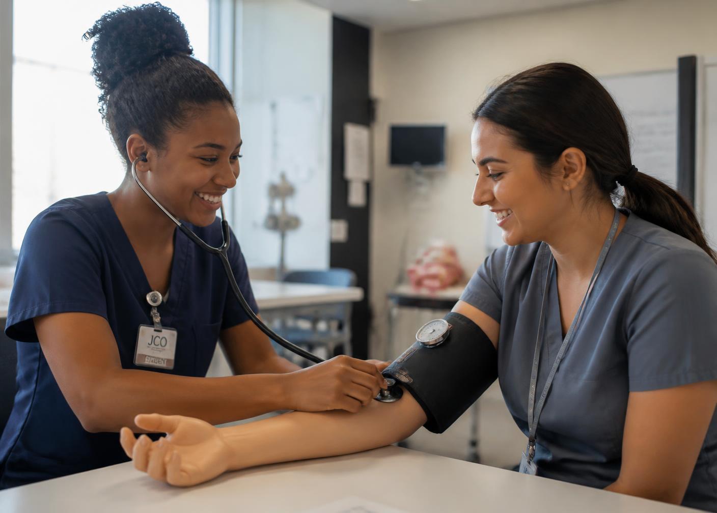 Healthcare students practicing clinical skills in a lab